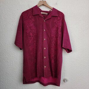 Tommy Bahama Floral Silk Button Up Short Sleeve Shirt Magenta Men's Size Large